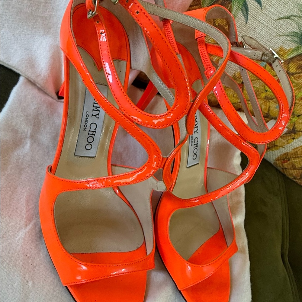 Jimmy Choo Strappy Patent Leather Orange High Heels - Size 39